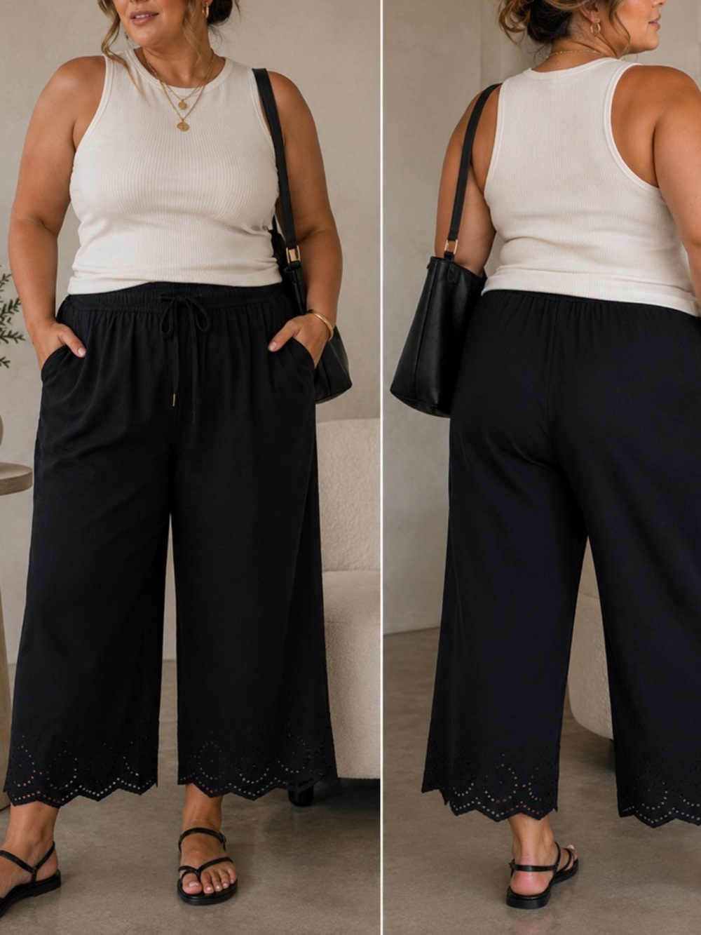 Wide Leg Eyelet Hem Pull-On Pants - Black